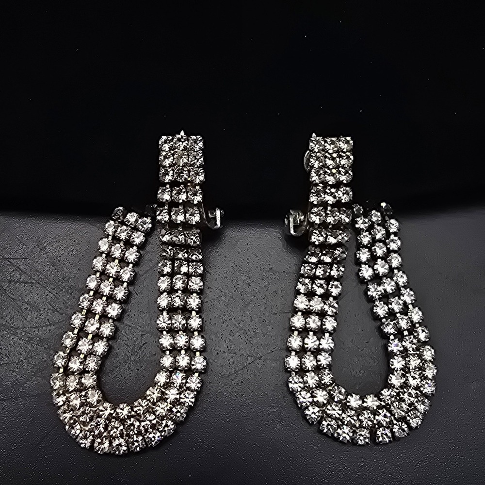 Rhinestone Loop Drop Clip On Earrings Vintage Glam Costume Jewelry